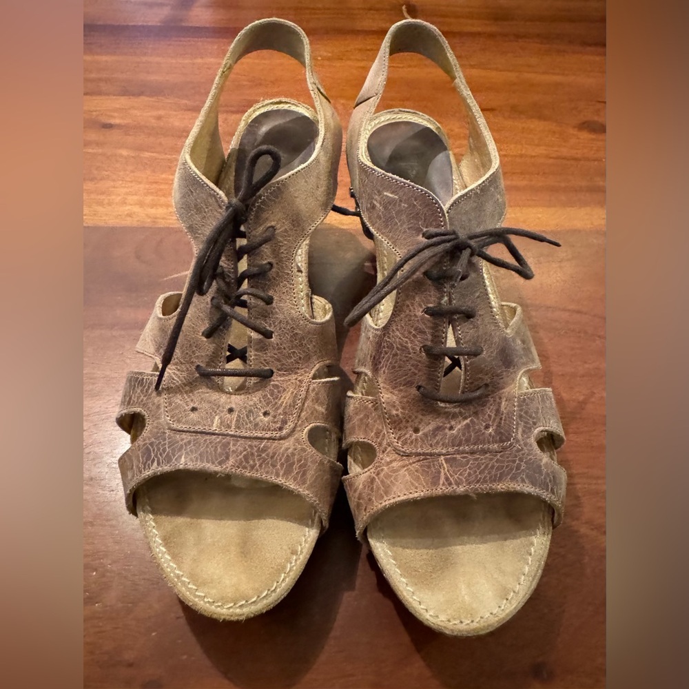 John Fluevog Womens Rules Low Joni Leather Lace Up Heeled Sandal Open Toe 11